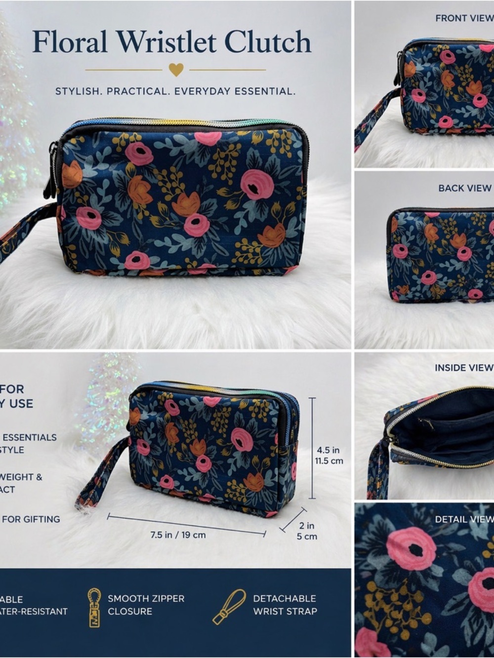 Floral Print Small Purse or Makeup Cosmetic Wristlet Blue 2